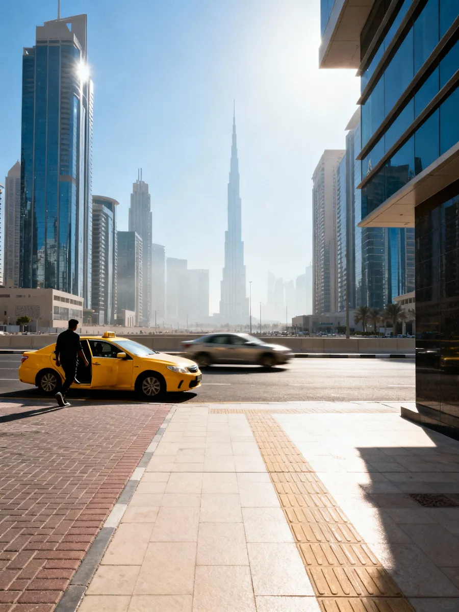 Modern cityscape with yellow taxi